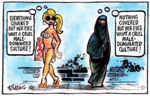 2 vrouwen-bikini en burka